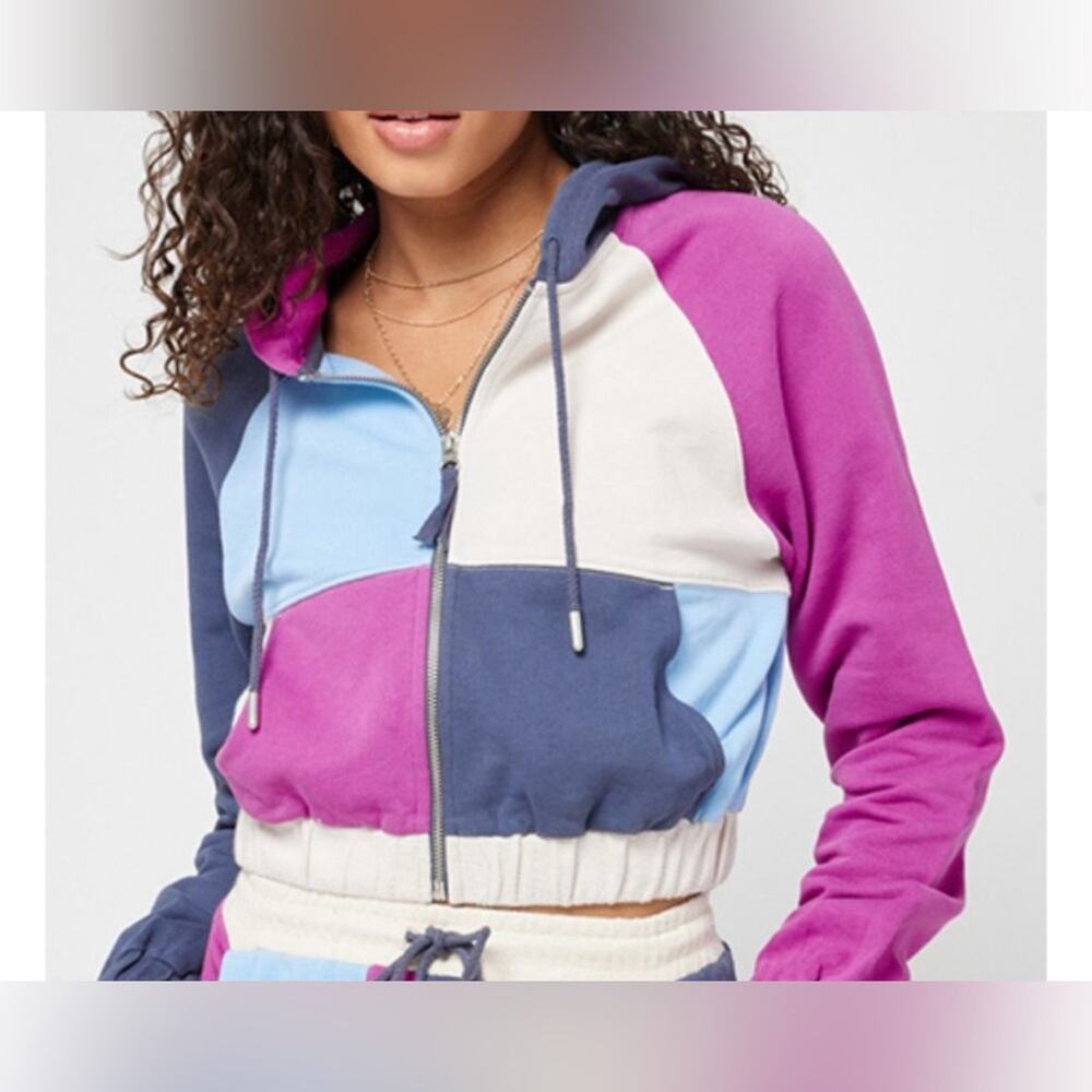 L*Space Hoodie Women S Blue NWT Colorblock Cropped Athletic Zip-Up Jacket‎